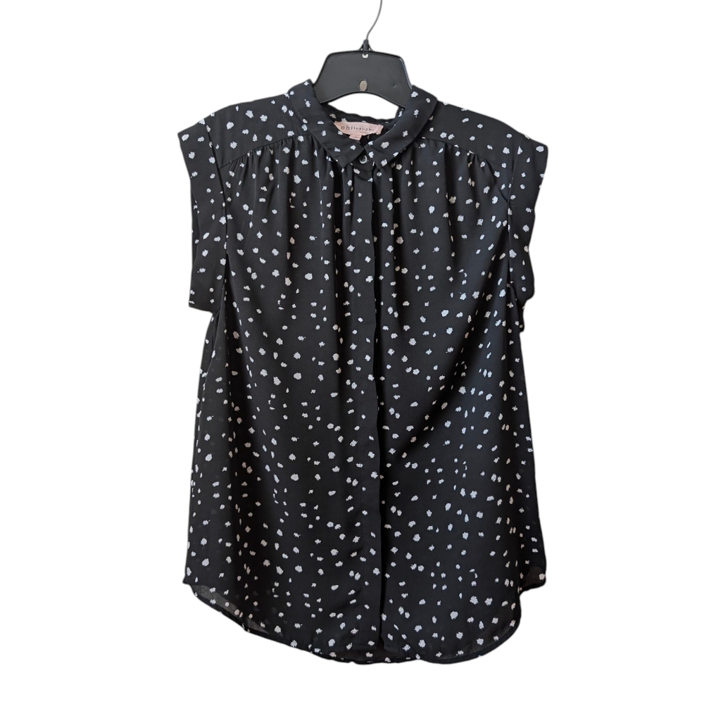 Philosophy Black & White Dot Print Button Up Blouse Top Cap Sleeve Size Medium